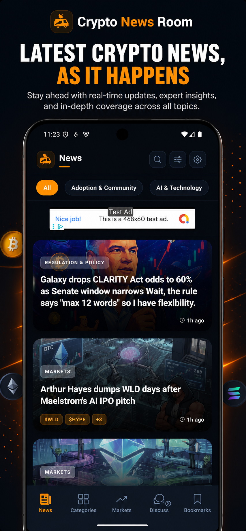 Crypto News Room mobile app displaying a live crypto news feed with category tabs, breaking headlines, and market data